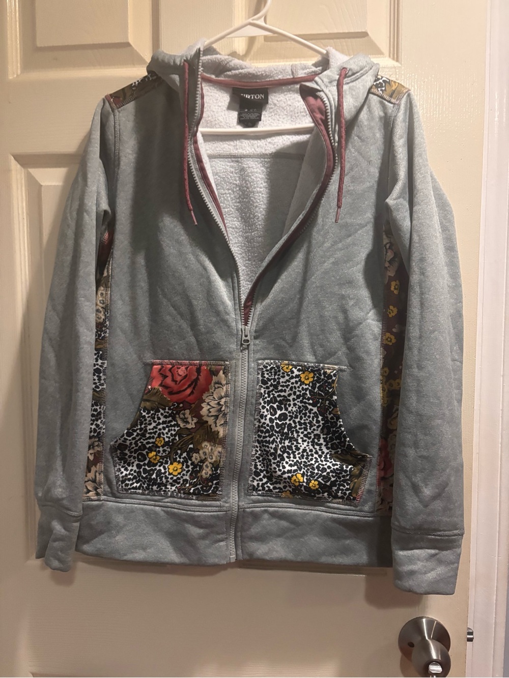 Burton Gray Zip Hoodie with Floral & Leopard Patchwork